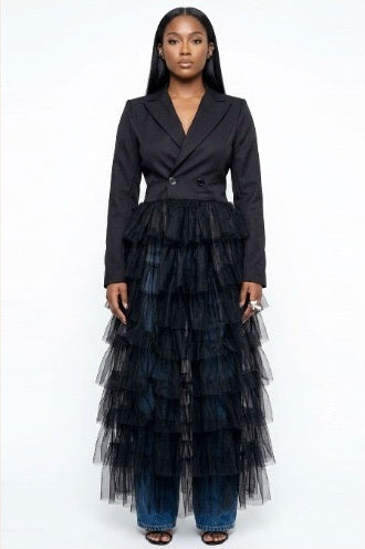Black tiered tulle blazer duster 02 front view