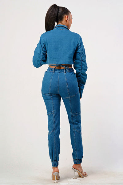 Ruched Sleeve Cropped Denim Jacket