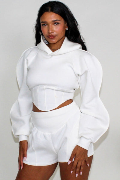 Modern White Crop Hoodie and Shorts Set