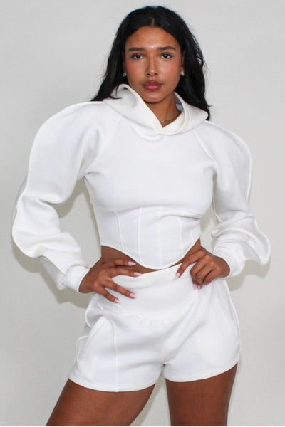 Modern White Crop Hoodie and Shorts Set