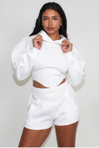 Modern White Crop Hoodie and Shorts Set