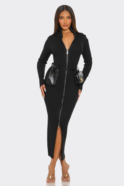 Ribbed Knit Utility Midi Dress