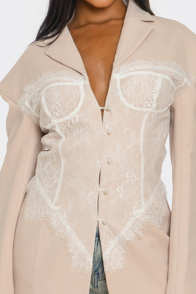 Lace Command Corset Blazer - Blush Nude