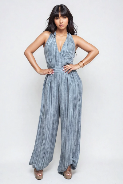 Skyline Pleated Halter Jumpsuit – Slate Blue