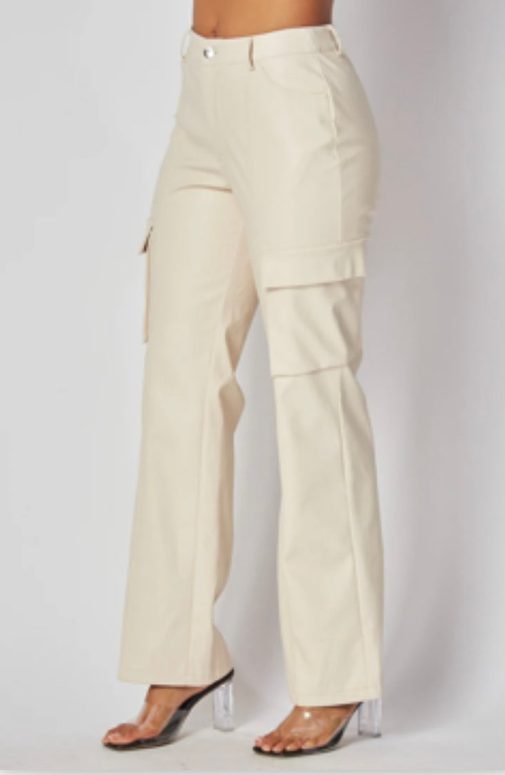 Faux Cream Leather Cargo pants