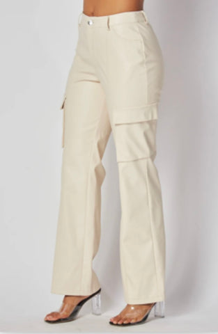 Faux Cream Leather Cargo pants