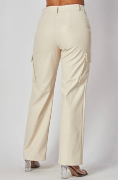 Faux Cream Leather Cargo pants