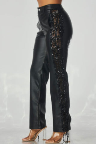 Midnight Glam Sequin Fringe Leather Pants