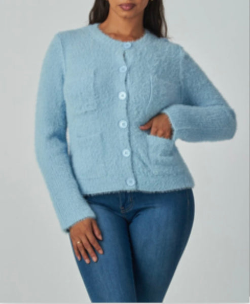 Soft Blue Fuzzy Button-Down Cardigan