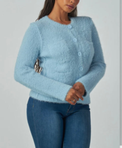 Soft Blue Fuzzy Button-Down Cardigan