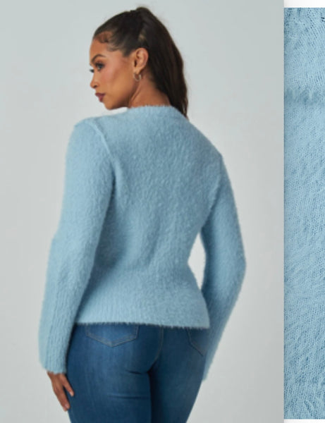 Soft Blue Fuzzy Button-Down Cardigan