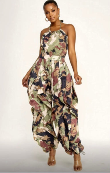 Command Attention Camo Ruffle Jumpsuit