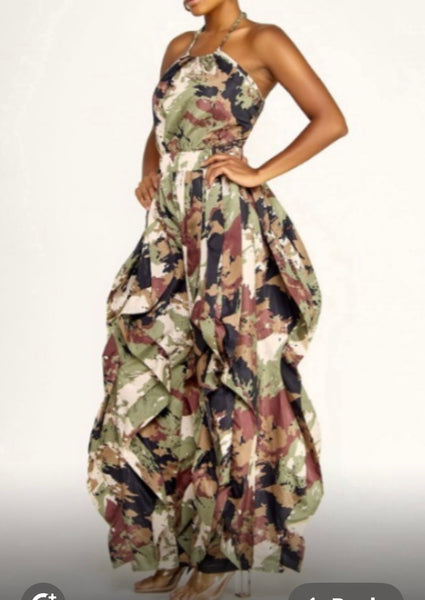 Command Attention Camo Ruffle Jumpsuit