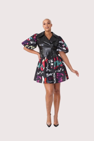 Graffiti Chic Faux Leather Mini Dress