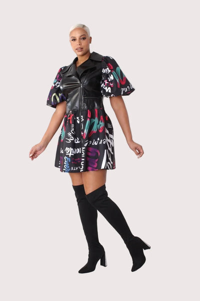 Graffiti Chic Faux Leather Mini Dress