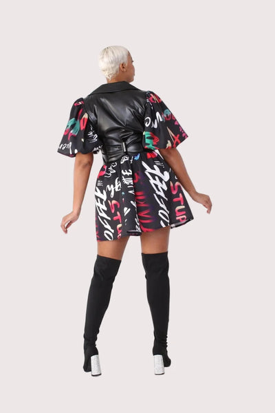 Graffiti Chic Faux Leather Mini Dress
