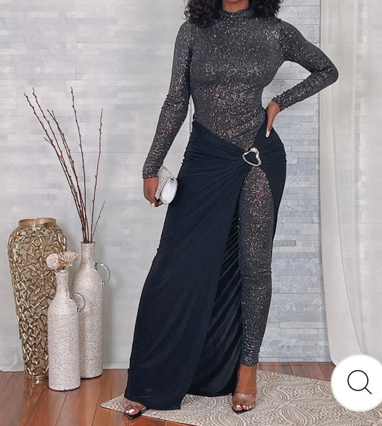 Black Shimmer One-Leg Drape Jumpsuit