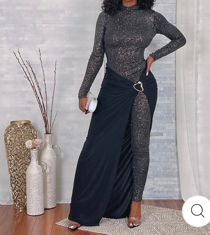 Black Shimmer One-Leg Drape Jumpsuit