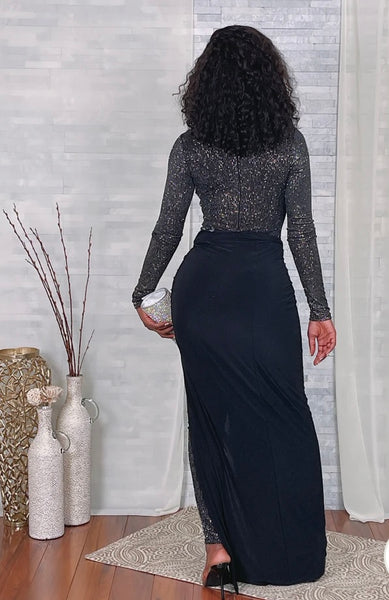 Black Shimmer One-Leg Drape Jumpsuit