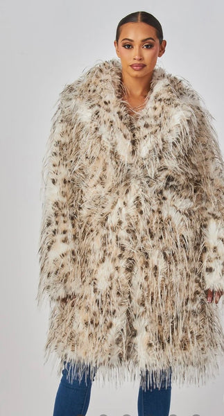 Snow Leopard Luxe Faux-Fur Statement Coat