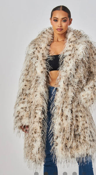 Snow Leopard Luxe Faux-Fur Statement Coat