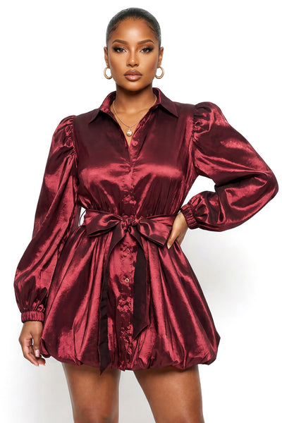 Burgundy Luxe Satin Bubble Mini Dress Burgundy Luxe Satin B
