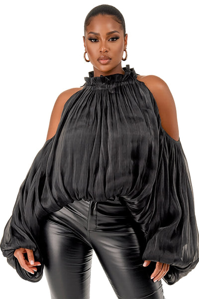 Midnight Drama Cold-Shoulder Blouse