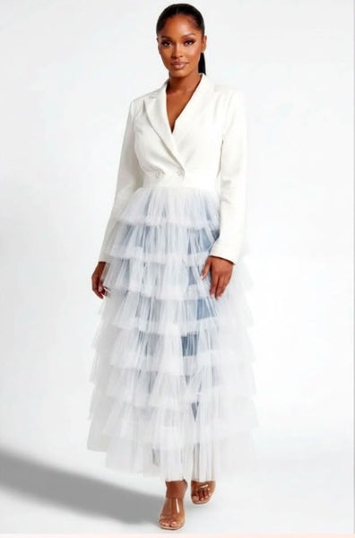 White tiered tulle blazer duster view 1