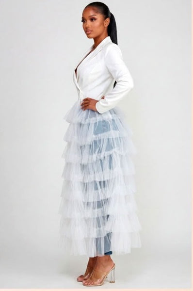 White tiered tulle blazer duster view 2