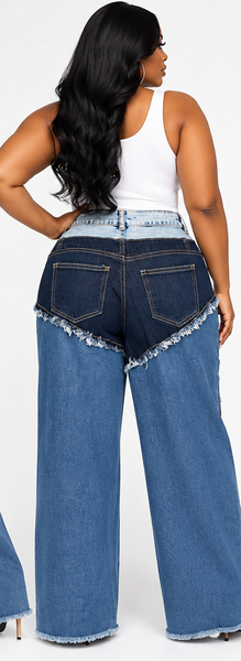 AI styling photo back view of Denim Remix Patchwork Jeans