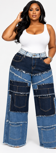 AI styling photo front view of Denim Remix Patchwork Jeans