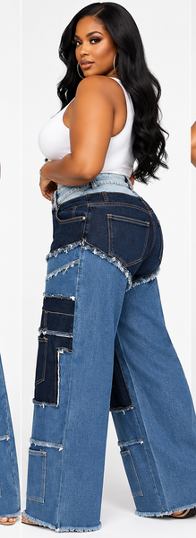 AI styling photo side view of Denim Remix Patchwork Jeans