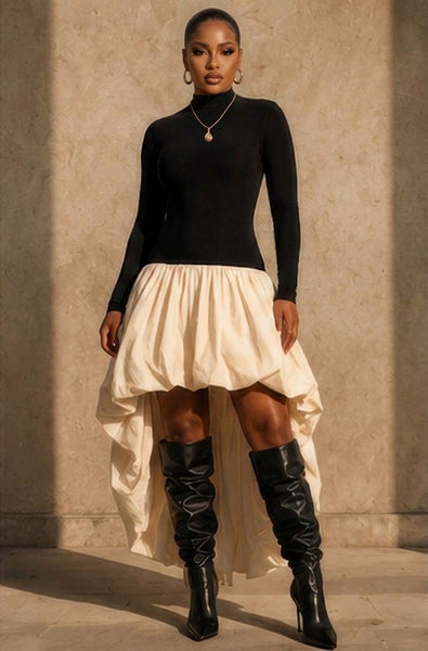Black and ivory high low bubble dress front