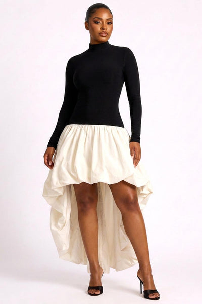 Black and ivory high low bubble dress studio front