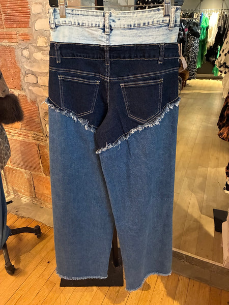Back of two-tone patchwork wide-leg jeans