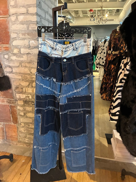 Front of two-tone patchwork wide-leg jeans