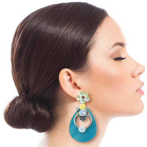 Aqua Teardrop Earrings with Rhinestone and Flower Detail