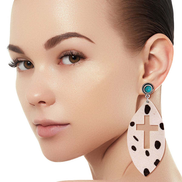 Black and White Genuine Leather Cross Earrings