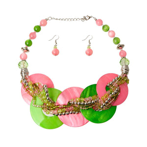 Pink and Green Beaded Disc Necklace Set