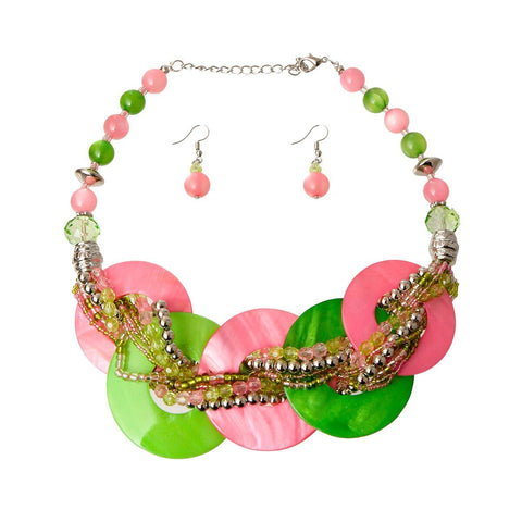 Pink and Green Beaded Disc Necklace Set