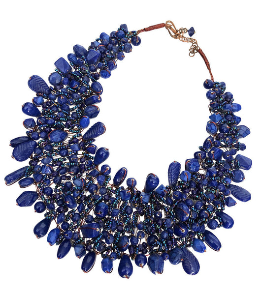 Dark Purple Blue Bead and Copper Bib Necklace