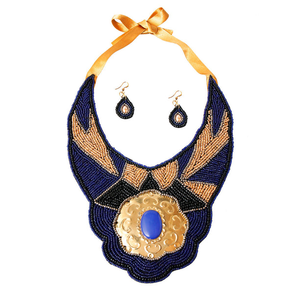 Blue and Gold Beaded Bib Necklace Set Featuring Stamped Metal Plate Design