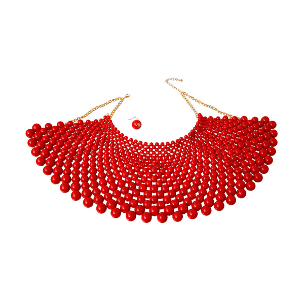 Red Bead Bib Necklace Set