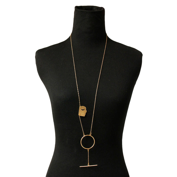 Gold Brass Face Pendant Necklace