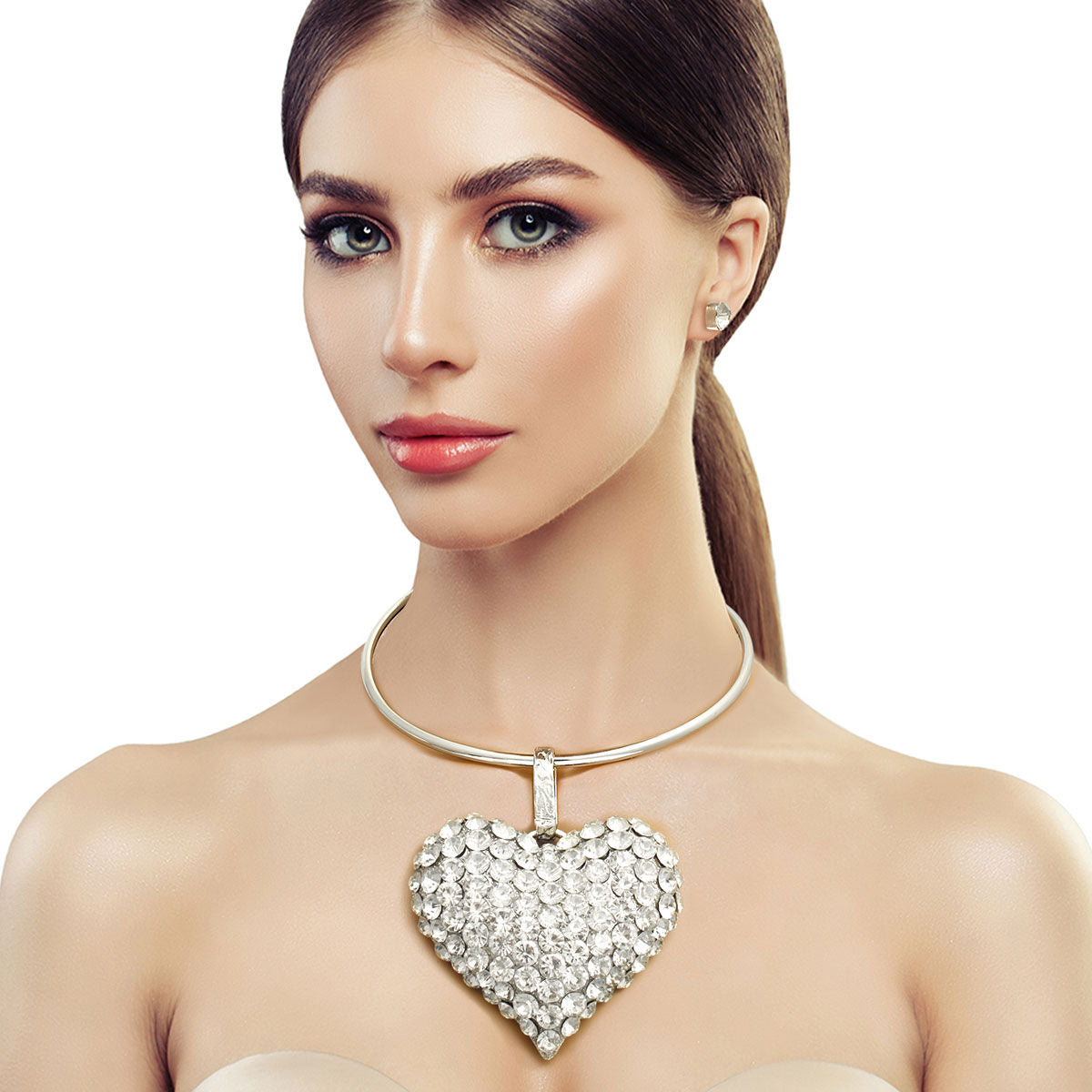 Silver Rigid Collar XL Rhinestone Heart Set