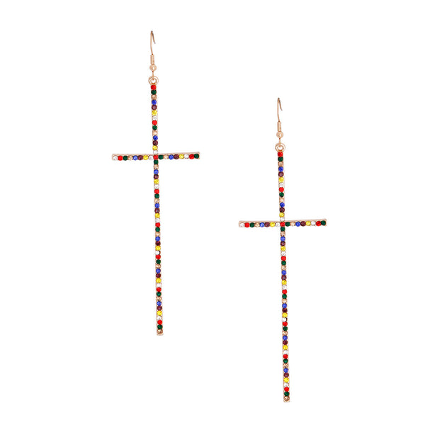 Rainbow Pave Stone Cross Earrings