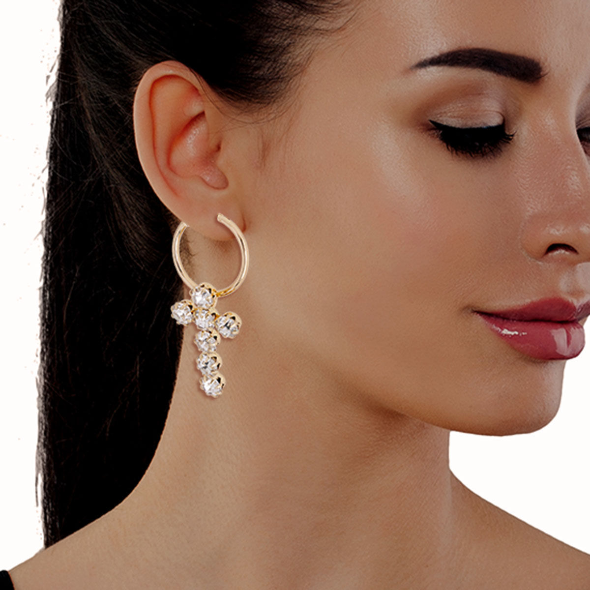 Clear Gold Cross Baby Hoops