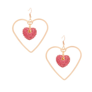 Gold Drop Pink Heart Earrings