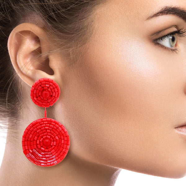 Coral Embroidered Bead Earrings