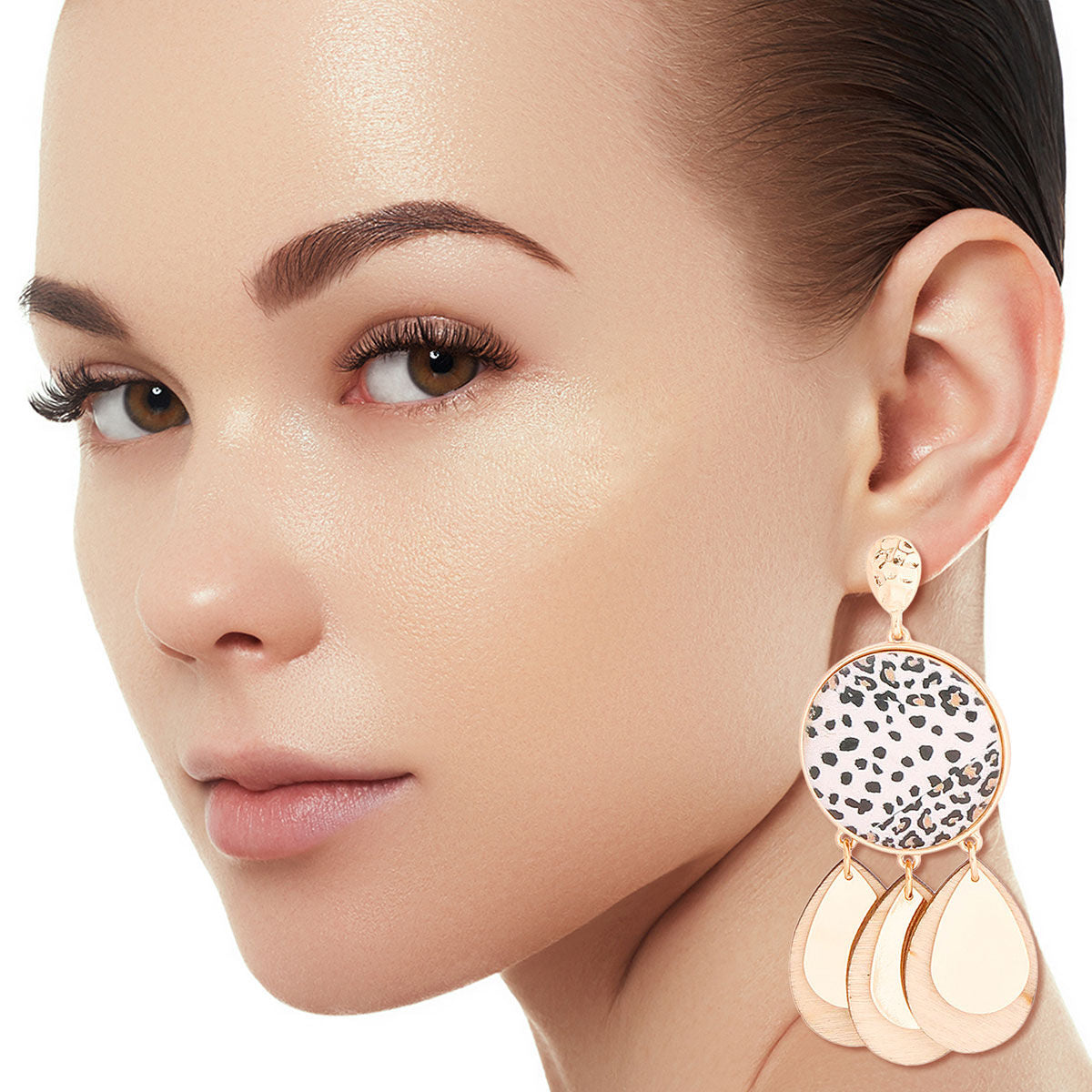 White Leopard Wood Teardrop Earrings